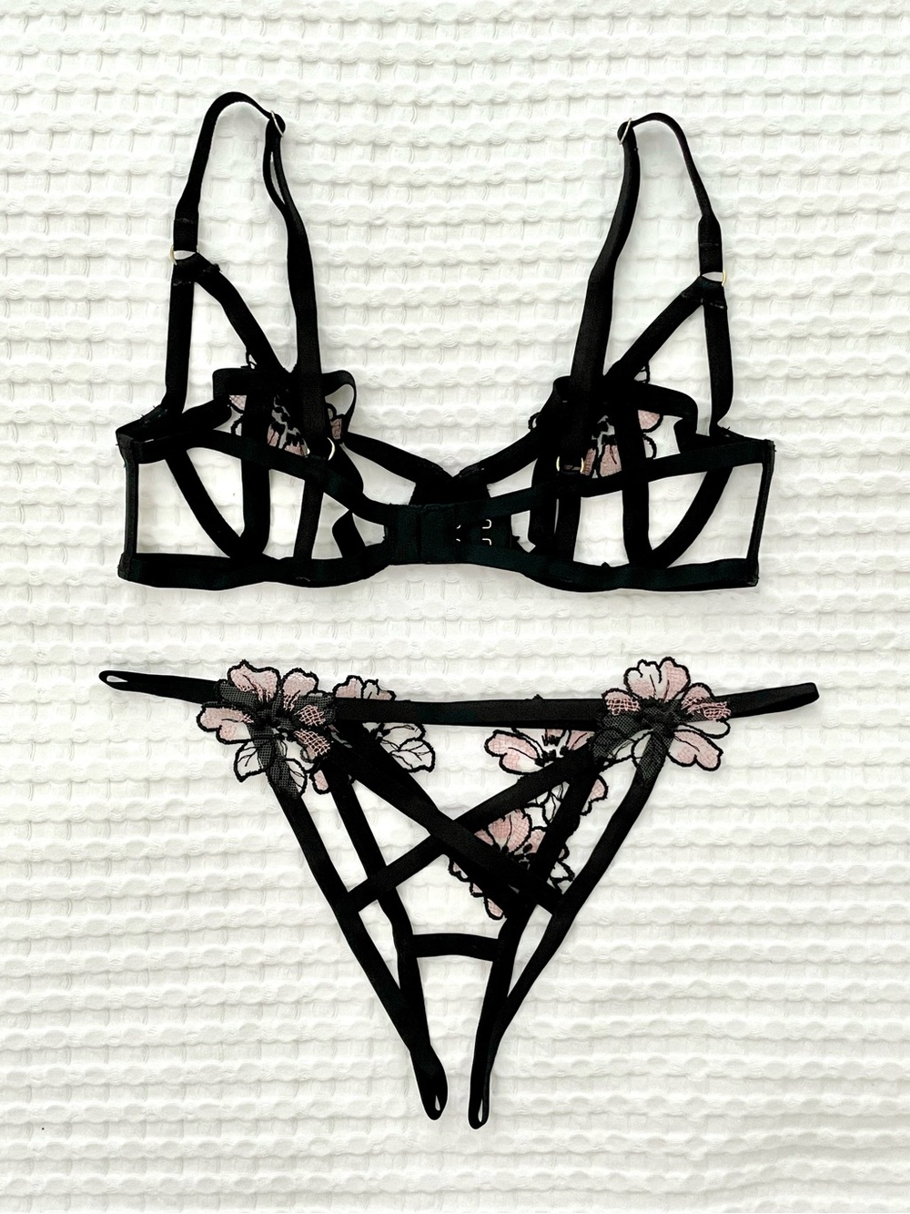 Victoria's Secret Black Strappy Lace Bra & Thong Set with Pink Floral Embroidery